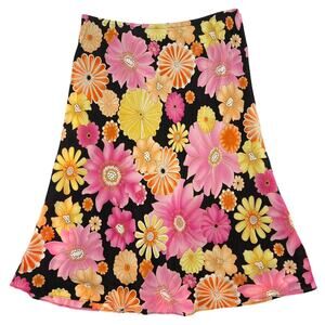 Floral A-Line Skirt Retro Print Black Pink Yellow Midi Groovy Euro Summer
